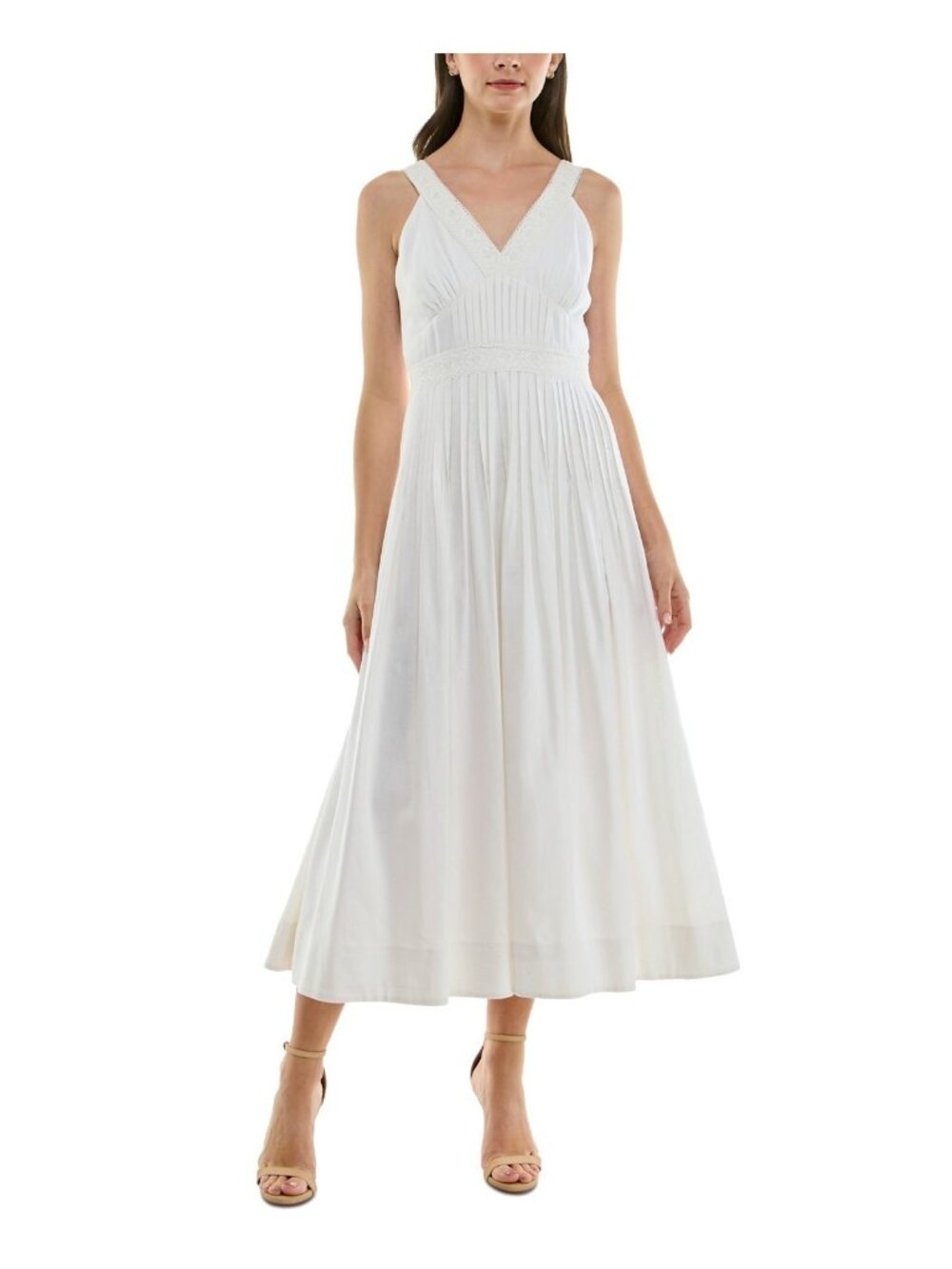 Taylor *Minor Error* Linen Lace-Trim Pleated A-Line Dress Ivory Size 12 $148